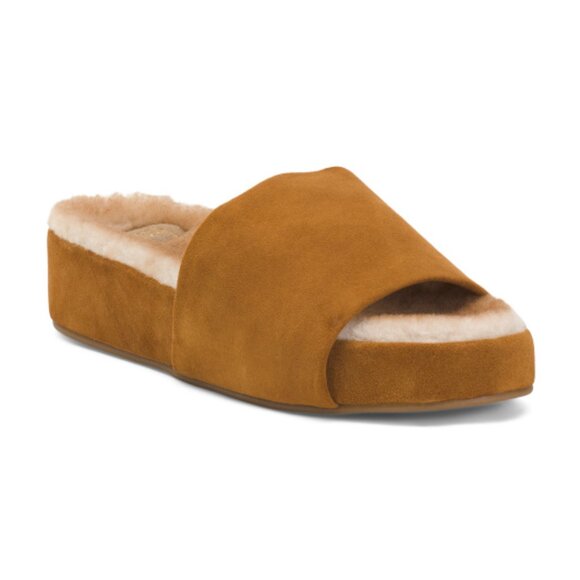 NEW BEEK Pelican Shearling Platform Slides caramel for women 259 7T4M - Picture 1 of 4
